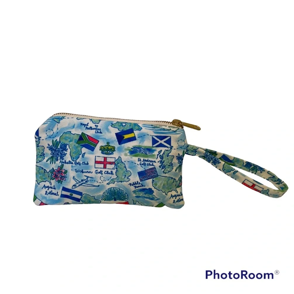 KAELI SMITH BAG POUCH WRISTLET CLUTCH BLUE WHITE FABRIC GOLF CLUB THEME ZIP TOP